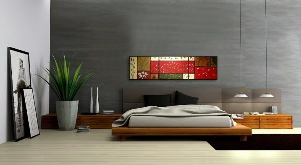 Large Asian Painting Chinese Zen Style Art Pagoda Cattails and Cherry Blossoms Deep Rich Red Brown Green Yellow Custom 60x16