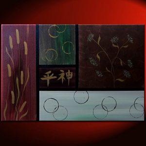 Large Asian Painting Zen Blossoms Cattails and Circles Warm Colors Original Art Burgundy Green Brown Grey 24x36 Chinese Kanji