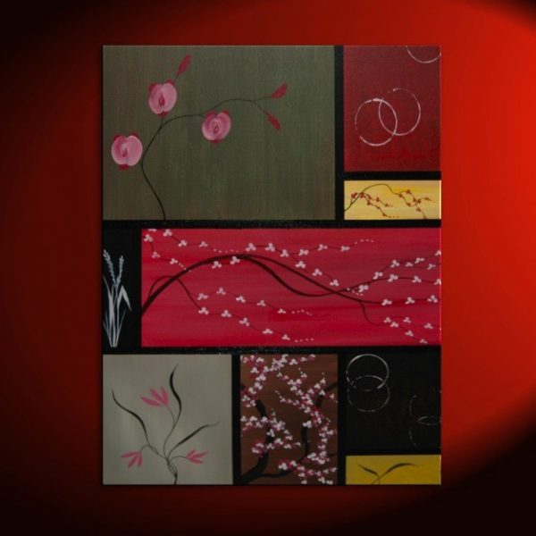 Large Asian Painting Zen Orchids Blossoms Wheat and Circles Warm Colors Original Art on Stretched Canvas Custom 36x48 Greens Reds Browns