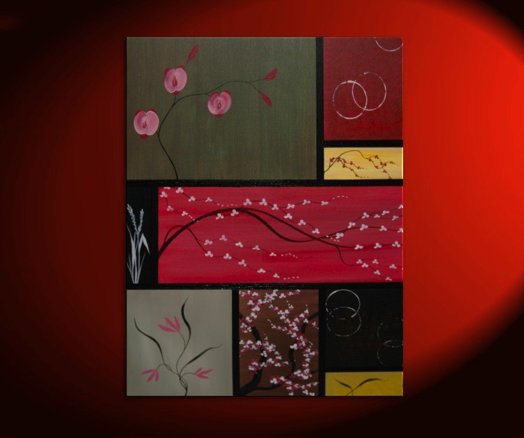 Large Asian Painting Zen Orchids Blossoms Wheat and Circles Warm Colors Original Art on Stretched Canvas Custom 36x48 Greens Reds Browns