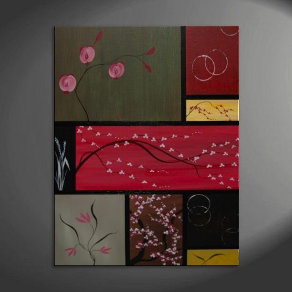 Large Asian Painting Zen Orchids Blossoms Wheat and Circles Warm Colors Original Art on Stretched Canvas Custom 36x48 Greens Reds Browns