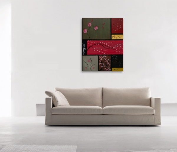 Large Asian Painting Zen Orchids Blossoms Wheat and Circles Warm Colors Original Art on Stretched Canvas Custom 36x48 Greens Reds Browns