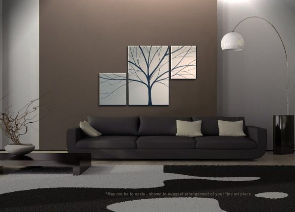 Large Asymmetrical Tree Painting White and Black Art Original Painting Textured Background Simple Custom triptych painting  56x36