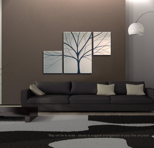 Large Asymmetrical Tree Painting White and Black Art Original Painting Textured Background Simple Custom triptych painting  56x36