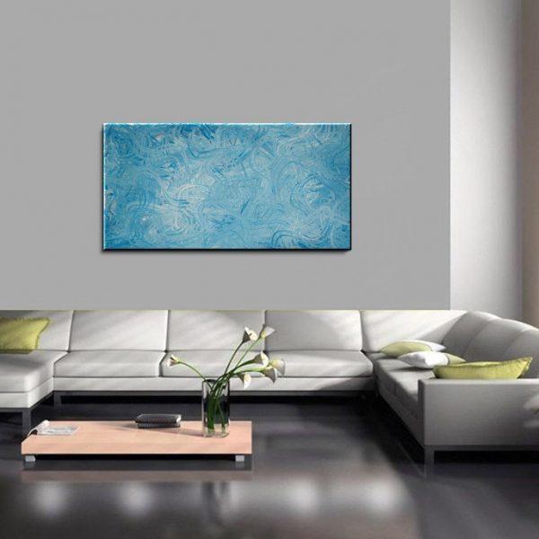 Large Blue Abstract Painting Textured Wall Art Original Home or Office Decor Squiggly Lines 48x24 CUSTOM