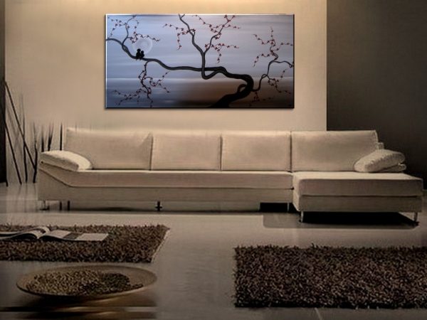 Large Cherry Blossom Love bird Painting Gray Elegant Original Calming Peaceful Art Monochrome 60x30