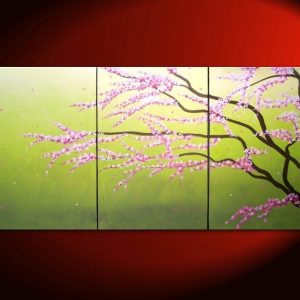 Large Green Abstract Cherry Blossom Painting Spring Greens and Lilac Flowers Fresh Zen Asian Calming and Peaceful Wall Art Custom HUGE 72x36