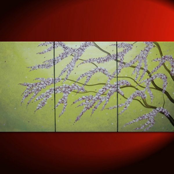 Large Green Abstract Cherry Blossom Painting Spring Greens and Lilac Flowers Fresh Zen Asian Calming and Peaceful Wall Art Custom HUGE 72x36