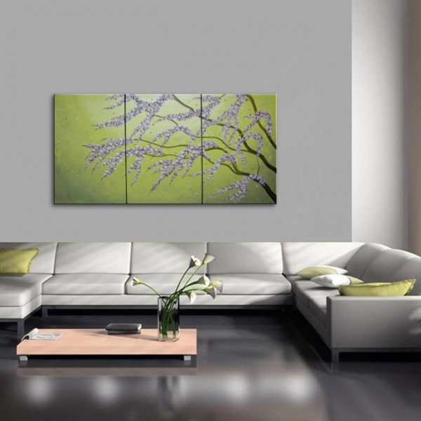 Large Green Abstract Cherry Blossom Painting Spring Greens and Lilac Flowers Fresh Zen Asian Calming and Peaceful Wall Art Custom HUGE 72x36