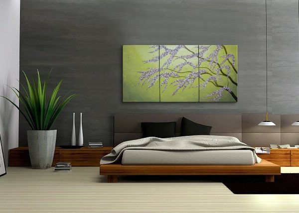 Large Green Abstract Cherry Blossom Painting Spring Greens and Lilac Flowers Fresh Zen Asian Calming and Peaceful Wall Art Custom HUGE 72x36