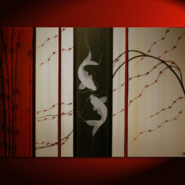 Large Koi Fish Painting Deep Rich Red Cream and Black Chinese Zen Style Original Art Bamboo Cherry Blossoms Custom 45x30