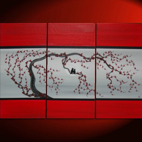 Large Love Bird Triptych Painting on Stretched Canvas Red and Grey Plum Blossom Lovebird Art Moon 45x30 Custom Chinese Zen Original Art