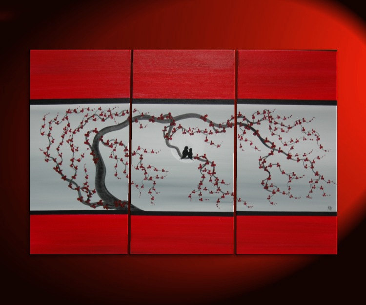 Large Love Bird Triptych Painting on Stretched Canvas Red and Grey Plum Blossom Lovebird Art Moon 45x30 Custom Chinese Zen Original Art