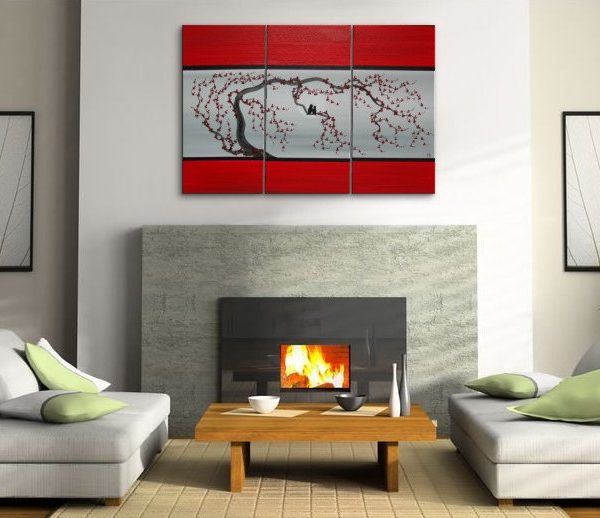 Large Love Bird Triptych Painting on Stretched Canvas Red and Grey Plum Blossom Lovebird Art Moon 45x30 Custom Chinese Zen Original Art
