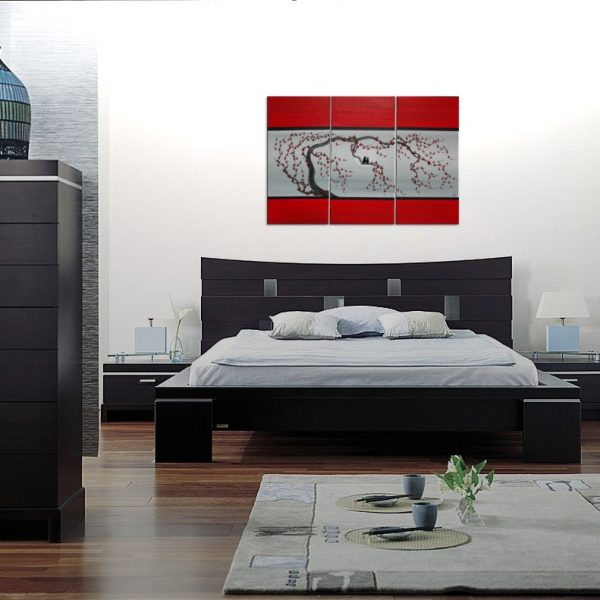 Large Love Bird Triptych Painting on Stretched Canvas Red and Grey Plum Blossom Lovebird Art Moon 45x30 Custom Chinese Zen Original Art