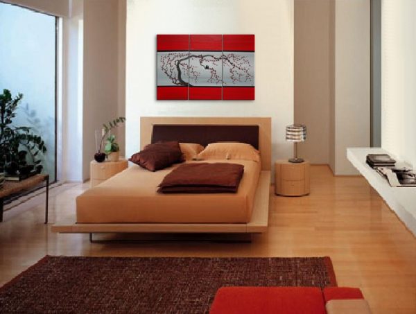 Large Love Bird Triptych Painting on Stretched Canvas Red and Grey Plum Blossom Lovebird Art Moon 45x30 Custom Chinese Zen Original Art