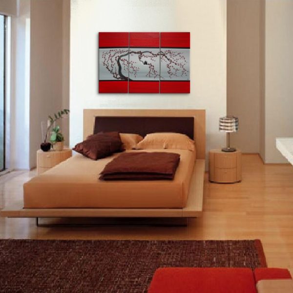 Large Love Bird Triptych Painting on Stretched Canvas Red and Grey Plum Blossom Lovebird Art Moon 45x30 Custom Chinese Zen Original Art