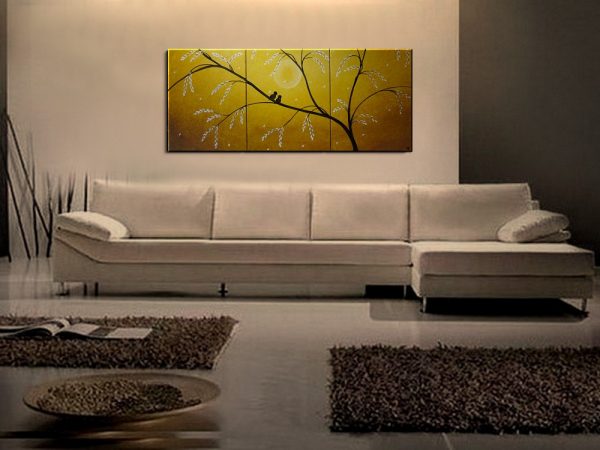 Large Original Painting Yellow Love Birds in a Blooming Tree Abstract Textured Art 48x20 Triptych ready to ship