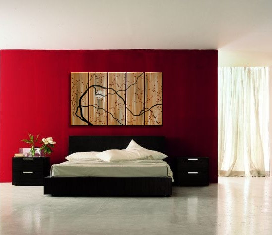 Large Painting Abstract Wall Art Caramel Brown and Red Plum Blossom Art Huge Oversized over Five Canvases Custom 60x36