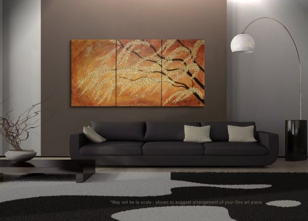 Large Painting Burnt Orange Modern Huge Art Cherry Blossom Tree Art Fresh Zen Asian Style Calming and Peaceful Wall Art Custom 72x36