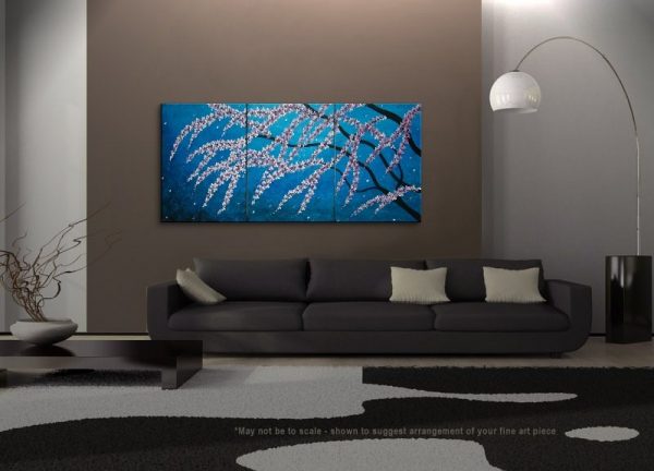 Large Painting Cherry Blossom Painting Vibrant Blues Purples Lilacs Fresh Zen Asian Style Calming and Peaceful Wall Art Custom 72x36