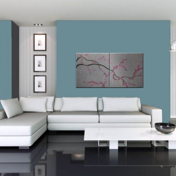 Large Painting Elegant Grey and Pink Wall Art Unique Urban Modern Abstract Artwork Ready To Ship 48x24