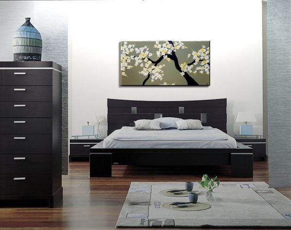 Large Textured Blossoms Painting Soft Gray Green Grayge Cherry Blossom Branch Impasto Heavy Texture 48x24 Mails Fast