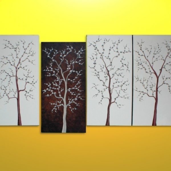 Large Tree Painting for Sale Four Canvases Modern Abstract Art Brown and White Original Zen Wall Art Custom Made 60x30