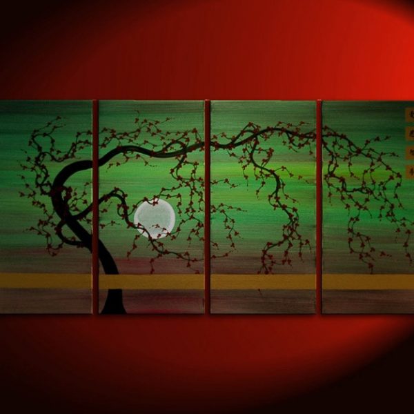 Large Tree Painting Green Abstract Plum Blossom Art Modern Original Painting Burgundy Flowers Zen Asian Kanji Huge Custom 60x30