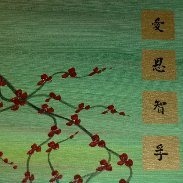Large Tree Painting Green Abstract Plum Blossom Art Modern Original Painting Burgundy Flowers Zen Asian Kanji Huge Custom 60x30