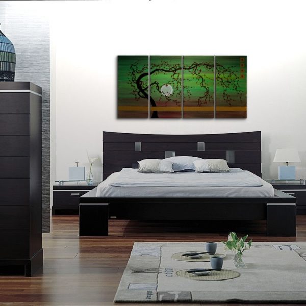 Large Tree Painting Green Abstract Plum Blossom Art Modern Original Painting Burgundy Flowers Zen Asian Kanji Huge Custom 60x30