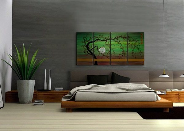 Large Tree Painting Green Abstract Plum Blossom Art Modern Original Painting Burgundy Flowers Zen Asian Kanji Huge Custom 60x30