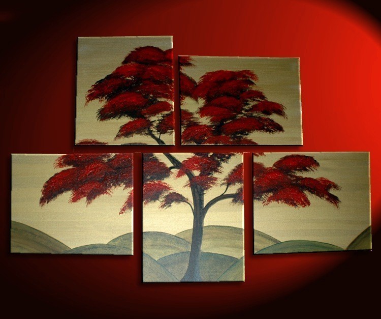 Large Tree Painting Red Gold Huge Art Custom Modern Abstract Original Peaceful 56x40 Hills Asian Chinese Japanese