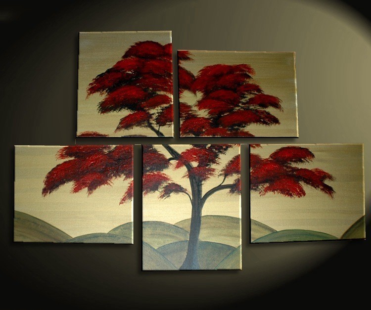 Large Tree Painting Red Gold Huge Art Custom Modern Abstract Original Peaceful 56x40 Hills Asian Chinese Japanese