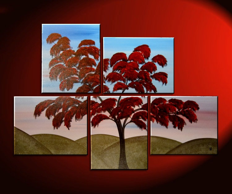Large Tree Painting Wall Art Red Green Hills Blue Sky Modern Abstact Art Multiple Canvases Ready to Ship 56x40