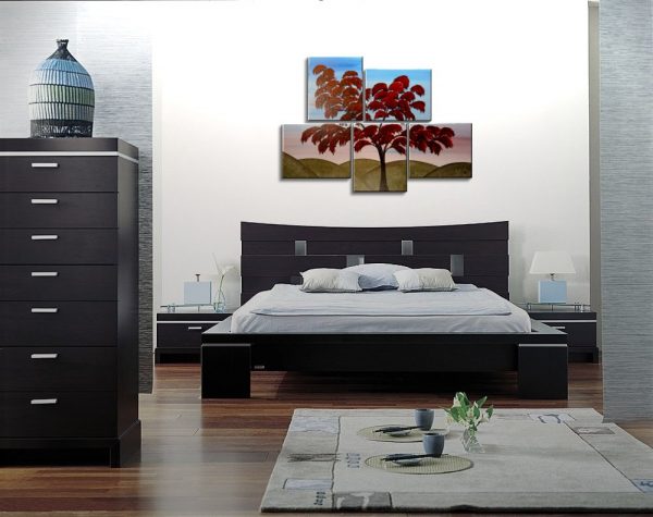 Large Tree Painting Wall Art Red Green Hills Blue Sky Modern Abstact Art Multiple Canvases Ready to Ship 56x40