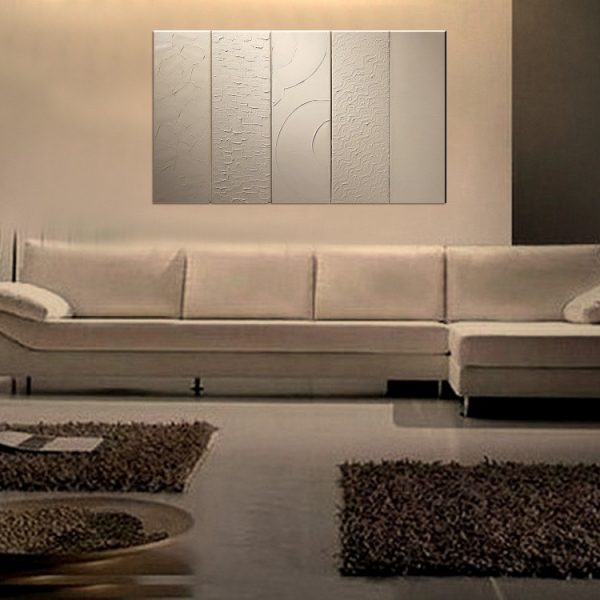 Large White Painting Abstract Textured Art Urban Original Impasto Painting Five Stretched Canvases Stylish Design 40x24 Custom
