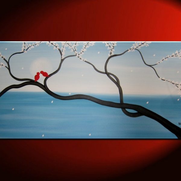 Light Blue Love Bird Painting Large Seascape and Cherry Blossom Art Huge Original Art Ocean and Moon 48x24