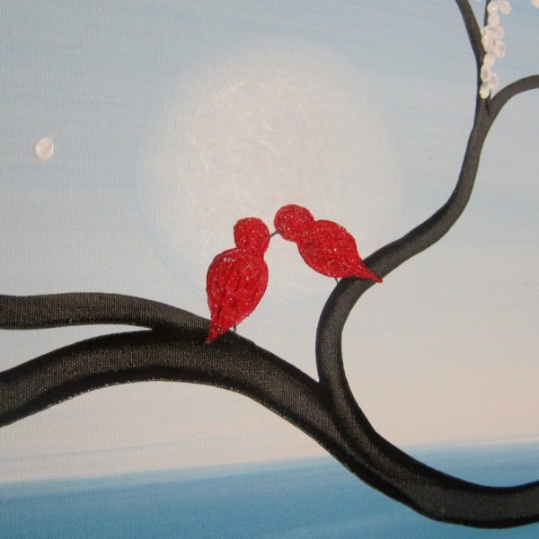 Light Blue Love Bird Painting Large Seascape and Cherry Blossom Art Huge Original Art Ocean and Moon 48x24
