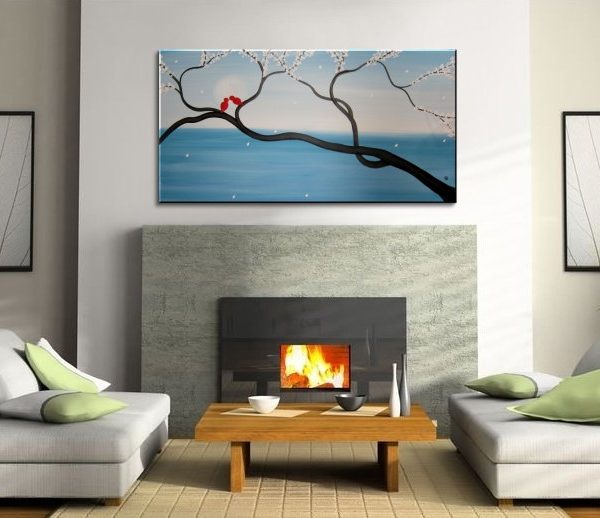 Light Blue Love Bird Painting Large Seascape and Cherry Blossom Art Huge Original Art Ocean and Moon 48x24
