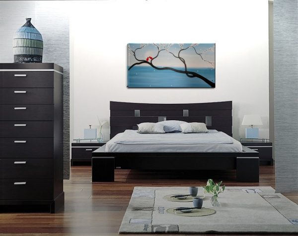 Light Blue Love Bird Painting Large Seascape and Cherry Blossom Art Huge Original Art Ocean and Moon 48x24
