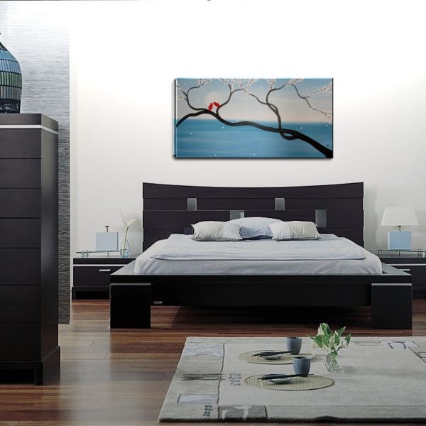 Light Blue Love Bird Painting Large Seascape and Cherry Blossom Art Huge Original Art Ocean and Moon 48x24