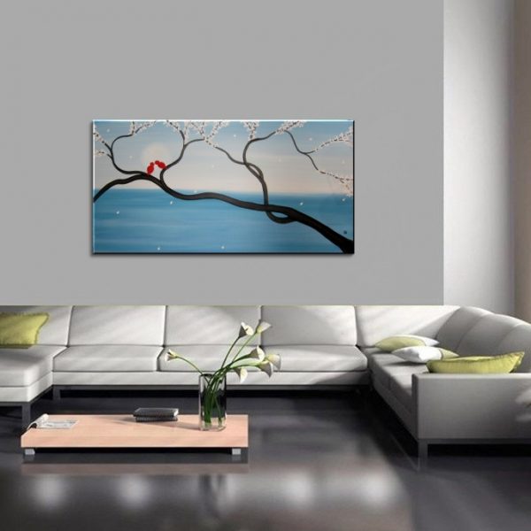 Light Blue Love Bird Painting Large Seascape and Cherry Blossom Art Huge Original Art Ocean and Moon 48x24