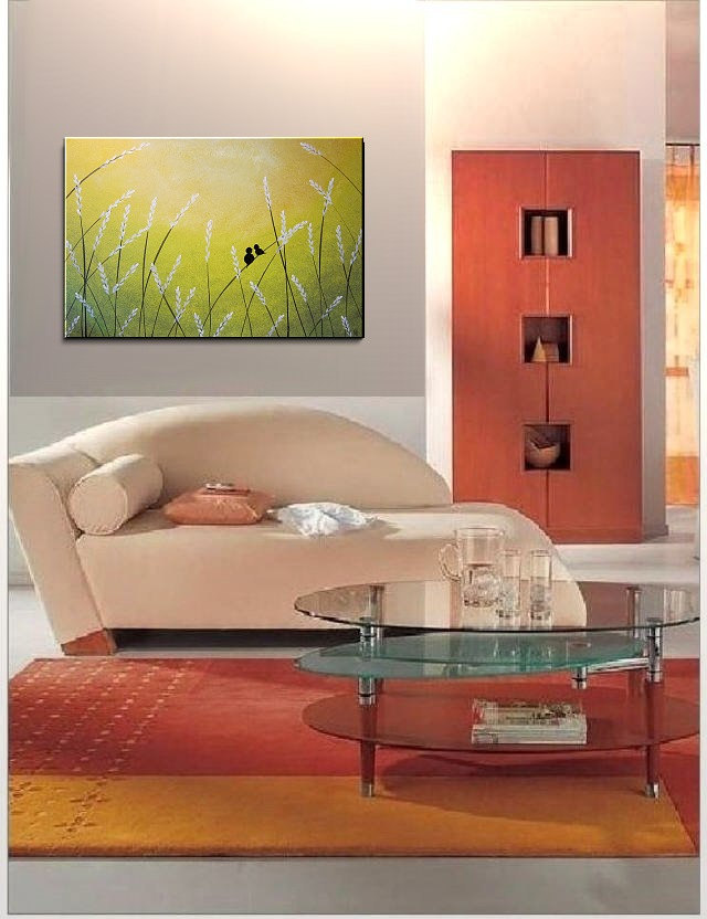Love Bird Painting Large Lime Green and Yellow Pussy Willow Art Contemporary Abstract Textured Painting 36x24 Custom