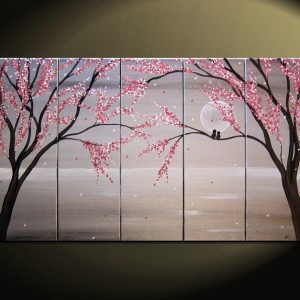 Love Birds Painting Large Seascape White and Black Art Silver Chinese Zen Style Original Pink Blossoms 40x24 Five Canvases Custom