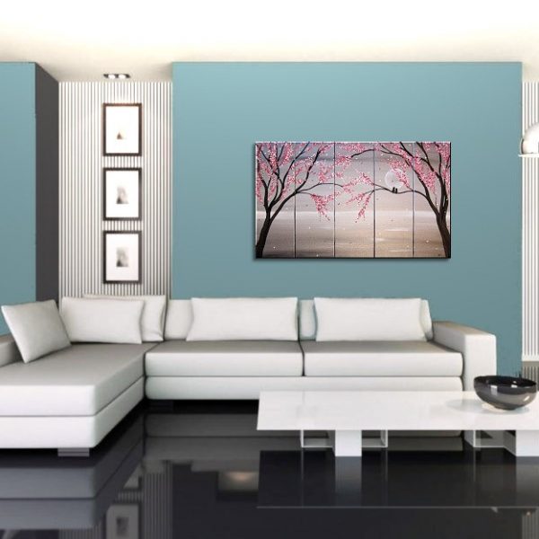 Love Birds Painting Large Seascape White and Black Art Silver Chinese Zen Style Original Pink Blossoms 40x24 Five Canvases Custom