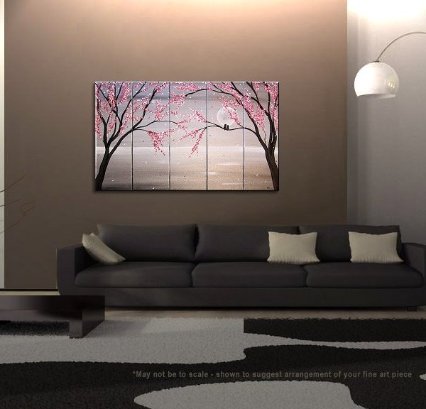 Love Birds Painting Large Seascape White and Black Art Silver Chinese Zen Style Original Pink Blossoms 40x24 Five Canvases Custom