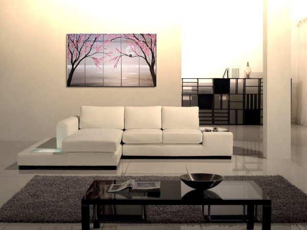 Love Birds Painting Large Seascape White and Black Art Silver Chinese Zen Style Original Pink Blossoms 40x24 Five Canvases Custom