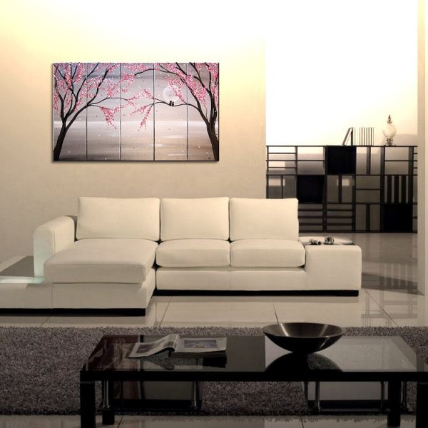 Love Birds Painting Large Seascape White and Black Art Silver Chinese Zen Style Original Pink Blossoms 40x24 Five Canvases Custom