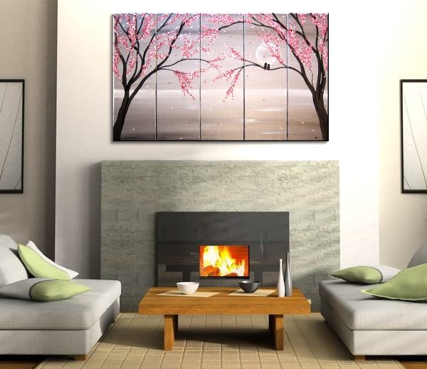 Love Birds Painting Large Seascape White and Black Art Silver Chinese Zen Style Original Pink Blossoms 40x24 Five Canvases Custom